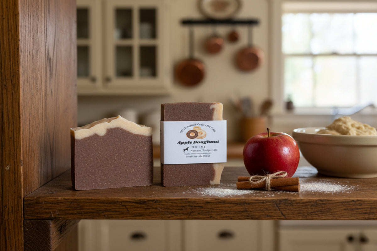 Two bars of handmade soap, one sliced to show the marbled texture and one whole with a white paper label reading 'Apple Doughnut' by Kleeco Soaps LLC, displayed on a wooden surface against a plain light background.