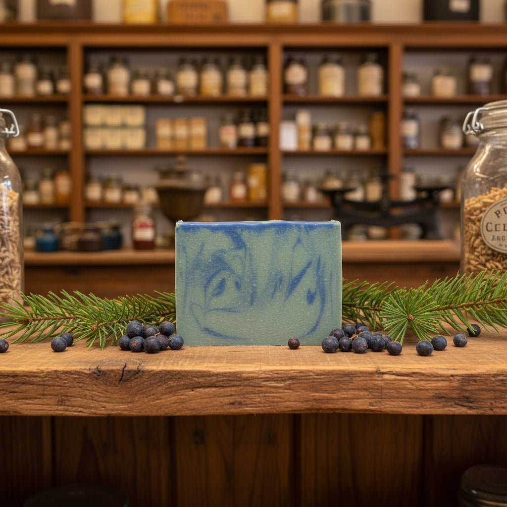 Green soap with twilight blue swirls. A white label with a scene of mountains describes the soap as Mountain Air.