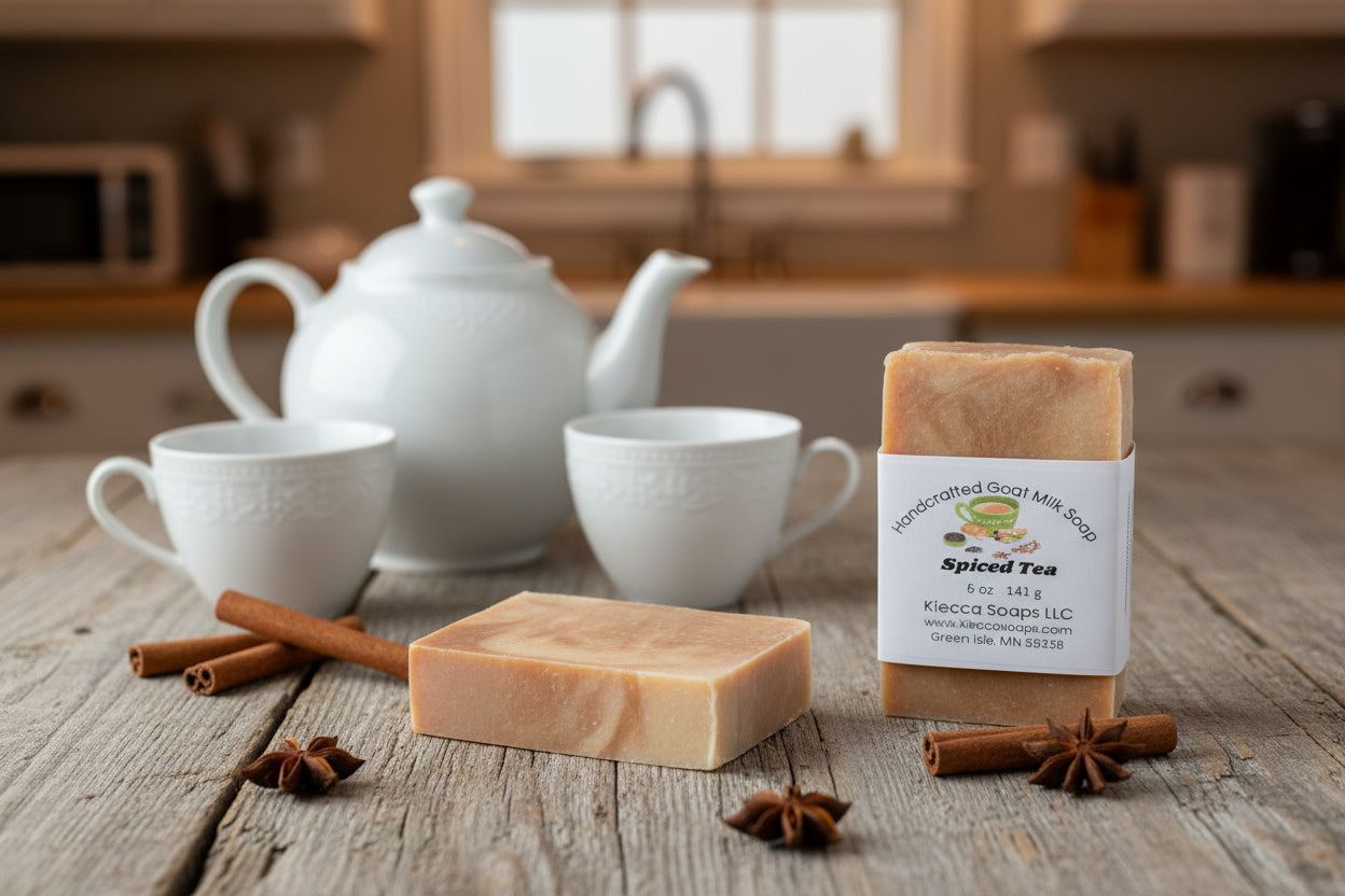 Two bars of soap with a label on a wooden surface next to a teapot and tea cups.