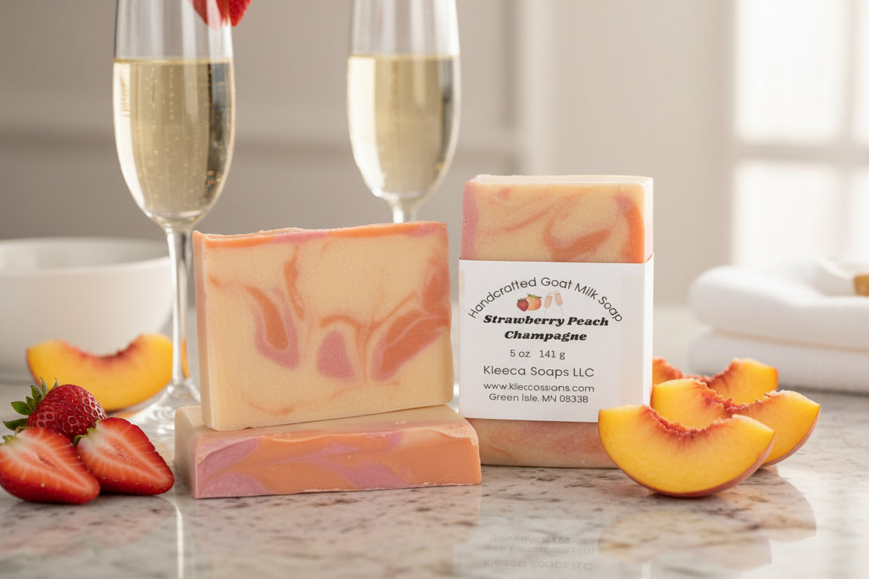 Two bars of soap with a marbled design on a wooden surface