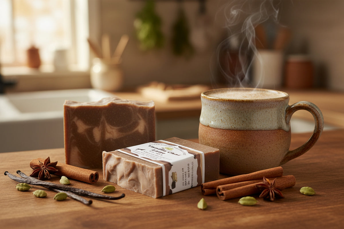 two bars of soap sitting on a wooden shelf. One is labeled with a white label identifying Vanilla Chai Latte and the other is a plain bar with white marbling. A chai latte is sitting next to the soap bars with spices used in chai tea.