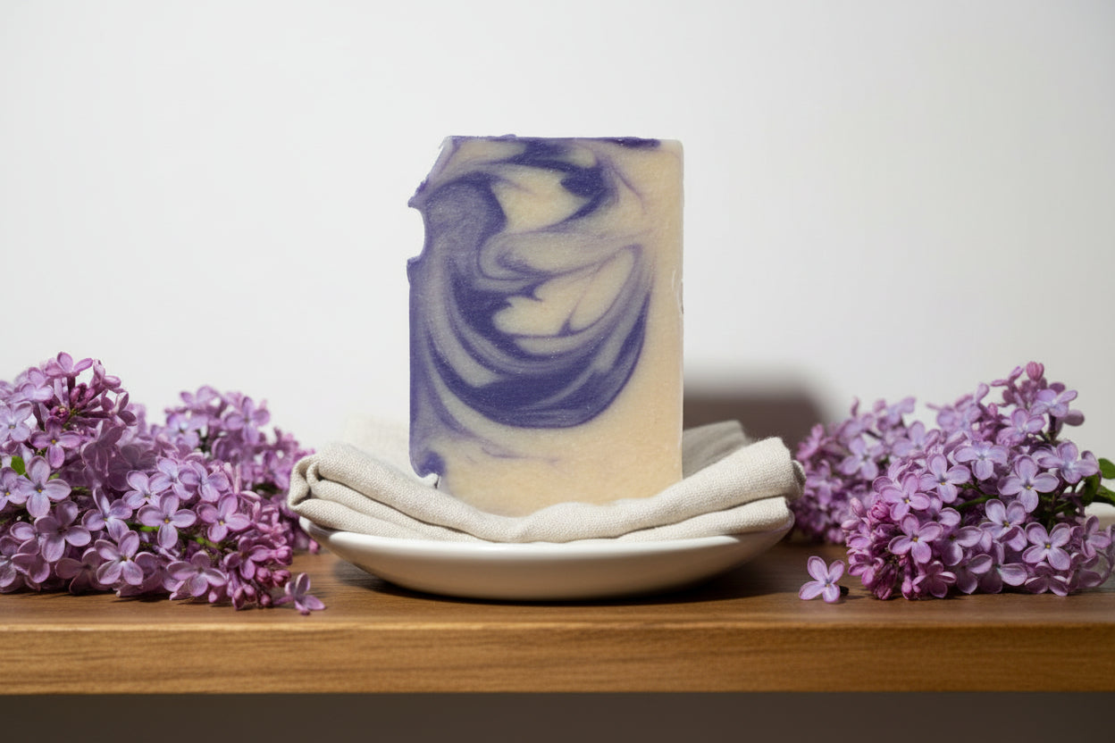 Bar of soap with purple swirls sitting on a white soap dish.  purple lilac blooms decorate the wooden shelf. 