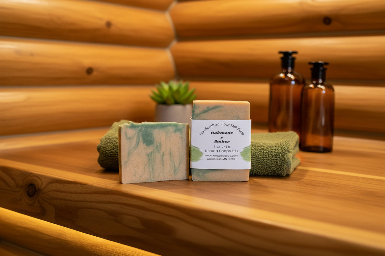 Two green and beige soap bars with a label on a wooden surface.