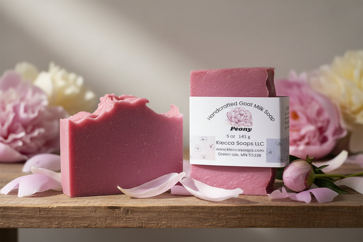 Two pink bars of soap with a label on a wooden surface