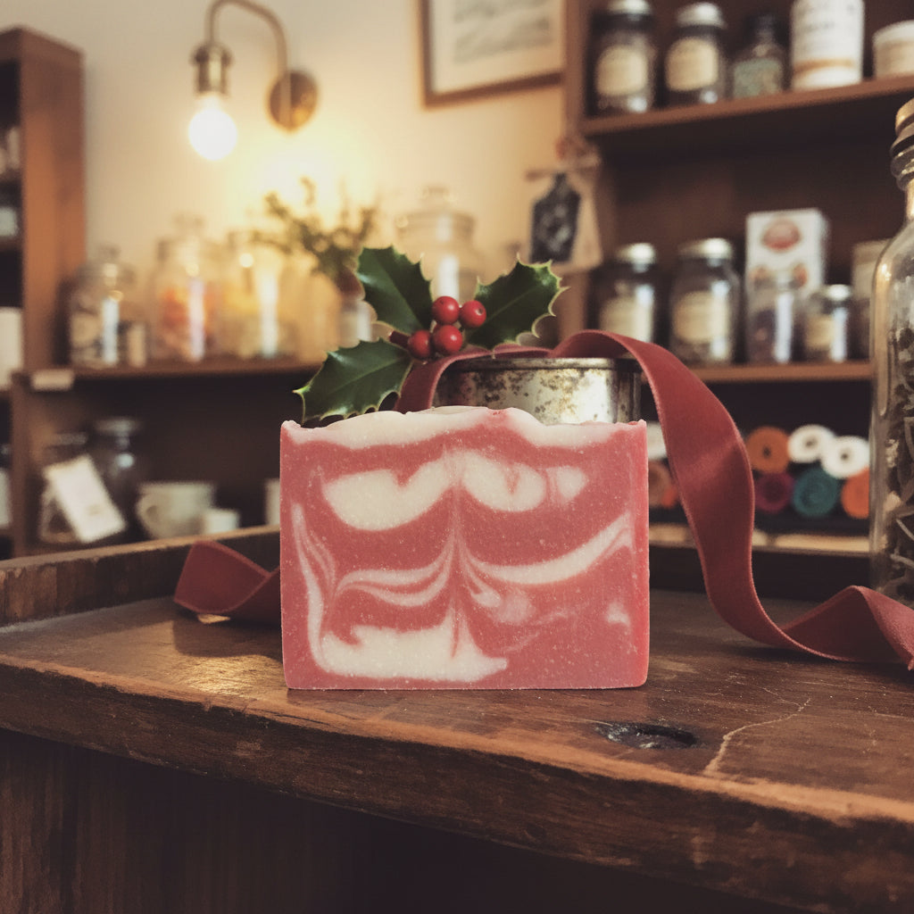 A handmade soap bar with red and white marbled swirls is shown next to its matching paper packaging box on a wooden tabletop against a plain off-white wall. The box is labeled 'Peppermint' by 'Kleica Soaps LLC'.
