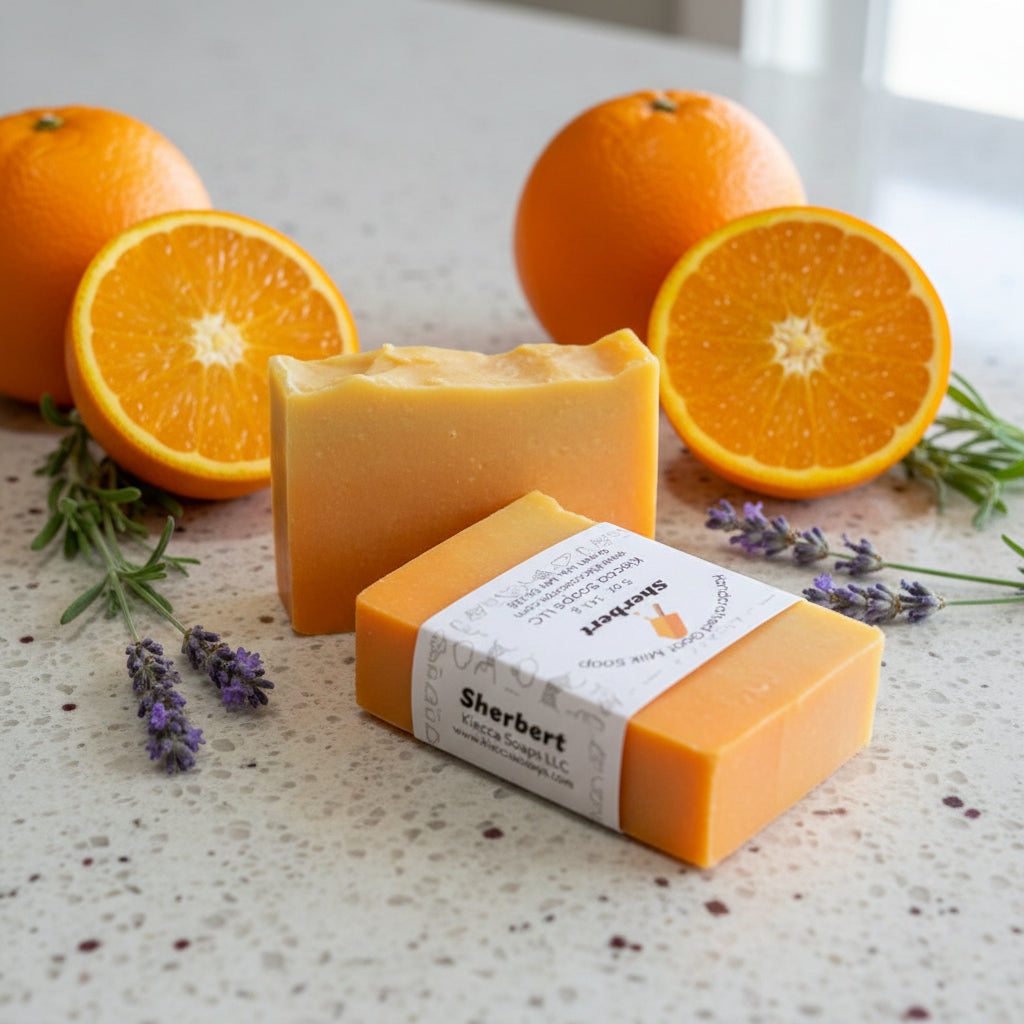 A gradient orange soap bar of soap on a white granite counter top with fresh oranges and fresh lavender sprigs. 