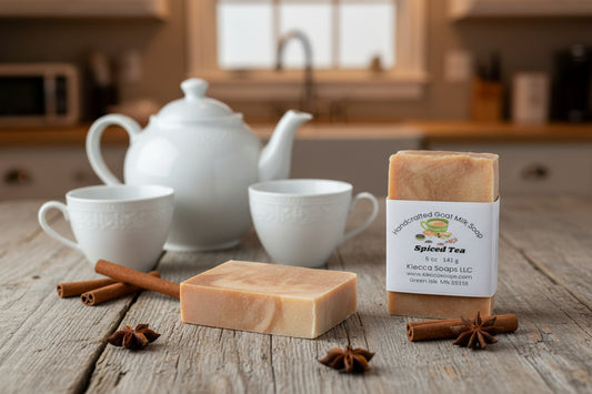 Two bars of soap with a label on a wooden surface next to a teapot and tea cups.